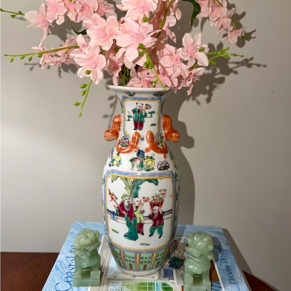 RARE Antique Famille Rose Porcelain VaseLion Mask Handles